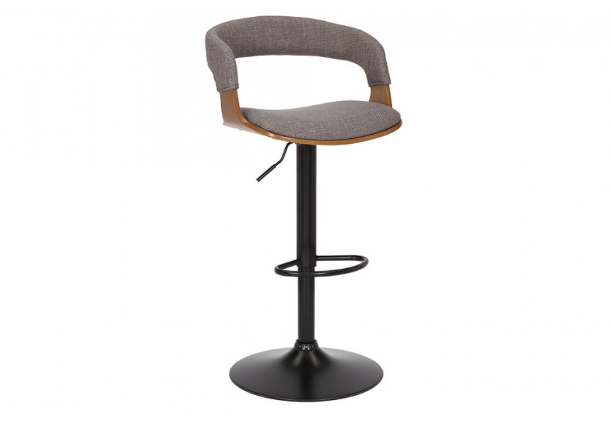 Dizajnová čalúnená otočná barová stolička Norwich s retro dizajnom s nízkou opierkou v sivej farbe s dreveným hnedým detailom na čiernej kovovej nohe s okrúhlou podstavou a opierkou na nohy