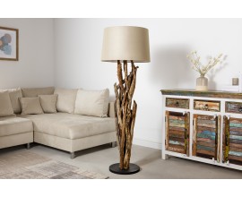 Luxusná vidiecka stojaca lampa Pole s naturálnou hnedou podstavou z teakového dreva a s béžovým tienidlom 150 cm