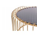 Art deco okrúhly konferenčný stolík Esme so zlatou klietkovou konštrukciou a čiernou sklenenou vrchnou doskou 60 cm
