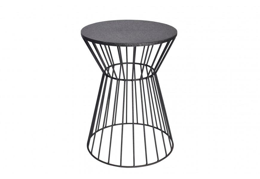 Industriálny príručný stolík Esme s podstavou v tvare presýpacích hodín s klietkovým dizajnom z kovu a s okrúhlou vrchnou doskou v grafitovej čiernej farbe