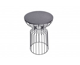 Industriálny príručný stolík Esme z kovu s okrúhlou vrchnou doskou a podstavou v tvare presýpacích hodín z tvarovaných železných tyčí s klietkovým dizajnom v grafitovej čiernej farbe