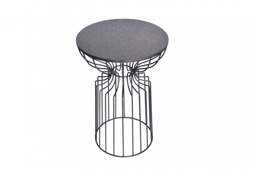 Industriálny príručný stolík Esme z kovu s okrúhlou vrchnou doskou a podstavou v tvare presýpacích hodín z tvarovaných železných tyčí s klietkovým dizajnom v grafitovej čiernej farbe