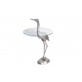 Dizajnový okrúhly príručný stolík Ardea so skulpturálnou podstavou v tvare volavky v striebornej farbe 88 cm