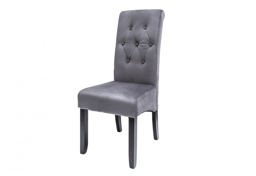 Moderná sivá zamatová jedálenská stolička Valentino s prešívaným vysokým operadlom s gombíkmi a čiernymi nožička 108 cm 