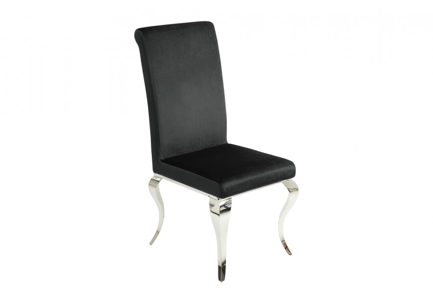 Štýlová klasická zamatová moderná jedálenská stolička Modern Barock s chrómovými striebornými nožičkami a čiernym poťahom 106 cm