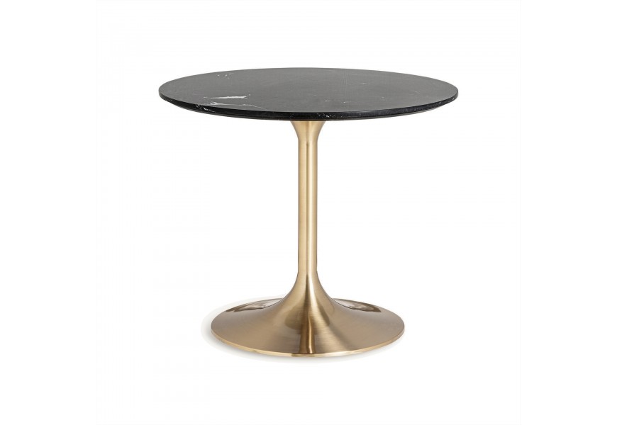 Luxusný okrúhly jedálenský stôl Brilon s jednou kovovou nohou v zlatej farbe a čiernou porcelánovou vrchnou doskou s dizajnom mramoru