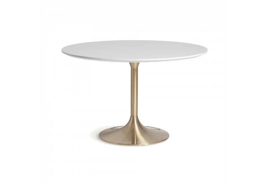 Luxusný art deco okrúhly jedálenský stôl Brilon s jednou nohou s kruhovou podstavou z kovu v zlatej farbe a s bielou mramorovou vrchnou doskou