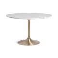 Luxusný art deco okrúhly jedálenský stôl Brilon s jednou nohou s kruhovou podstavou z kovu v zlatej farbe a s bielou mramorovou vrchnou doskou