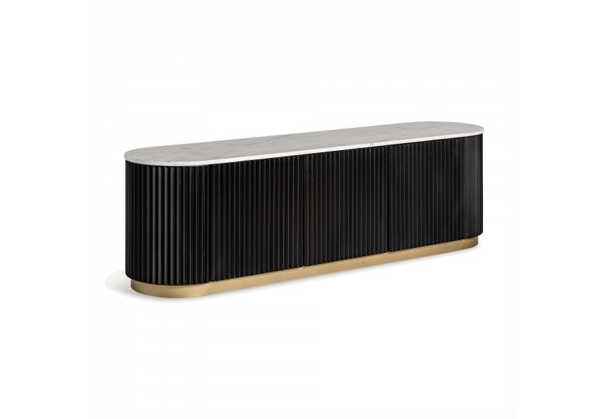 Luxusný trojdverový čierny príborník Acordeo v glamour štýle s ozdobným vertikálnym reliéfom s vyrezávanými drážkami v trojuholníkovom tvare s oválnou bielou mramorovou doskou a kovovou podstavou v zlatej farbe