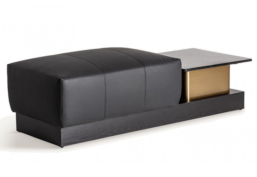 Luxusný príručný stolík Concepto s vrchnou doskou z čierneho mramoru a zlatou nohou na podstavci z dubového dreva s integrovanou čiernou čalúnenou taburetkou