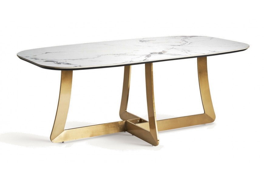 Luxusný glamour obdĺžnikový stôl Tulipa s vrchnou doskou z bieleho mramoru s tmavou kresbou so zaoblenými rohmi a zlatými nožičkami s podstavou v tvare kríža