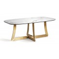 Luxusný glamour obdĺžnikový stôl Tulipa s vrchnou doskou z bieleho mramoru s tmavou kresbou so zaoblenými rohmi a zlatými nožičkami s podstavou v tvare kríža