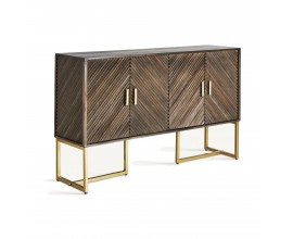 Luxusný art deco príborník Lalique v prírodnej hnedej farbe s dvierkami s chevronovým vzorom a nožičkami v zlatej farbe 153 cm