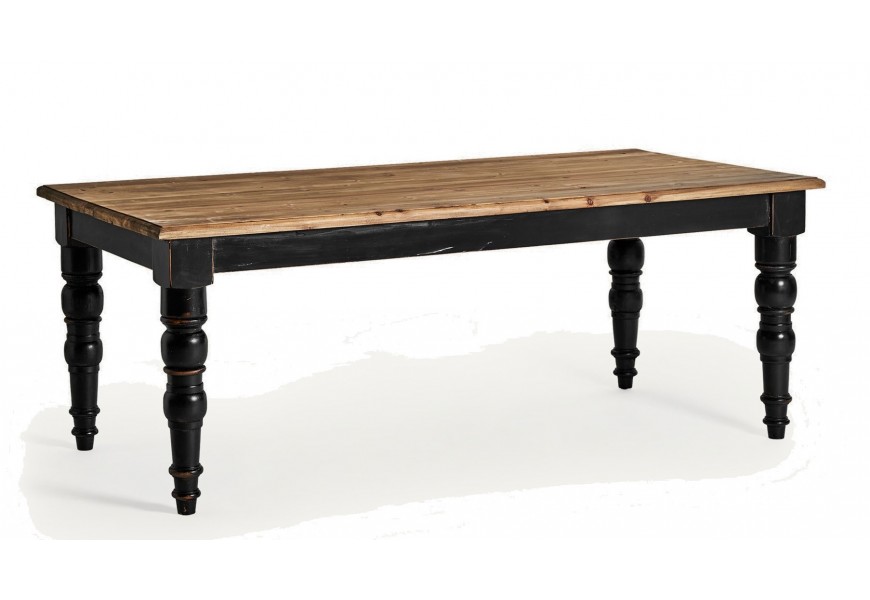 Luxusný obdĺžnikový jedálenský stôl Zena Noir vo vintage štýle s vyrezávanými nohami a čiernym náterom so starožitným efektom a s vrchnou doskou v prírodnej svetlej hnedej farbe s kresbou letokruhov