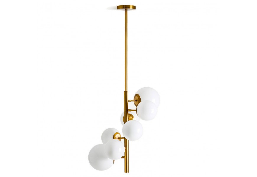 Luxusný glamour luster Sally s lineárnou konštrukciou v zlatej farbe a siedmimi sférickými tienidlami na žiarovku v bielej farbe