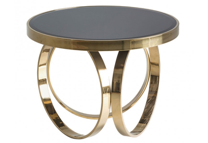 Luxusný okrúhly konferenčný stolík Arossia v glamour štýle s vrchnou doskou z čierneho skla a kovovou konštrukciou v zlatej farbe s tromi nožičkami v tvare kruhov
