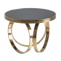 Luxusný okrúhly konferenčný stolík Arossia v glamour štýle s vrchnou doskou z čierneho skla a kovovou konštrukciou v zlatej farbe s tromi nožičkami v tvare kruhov