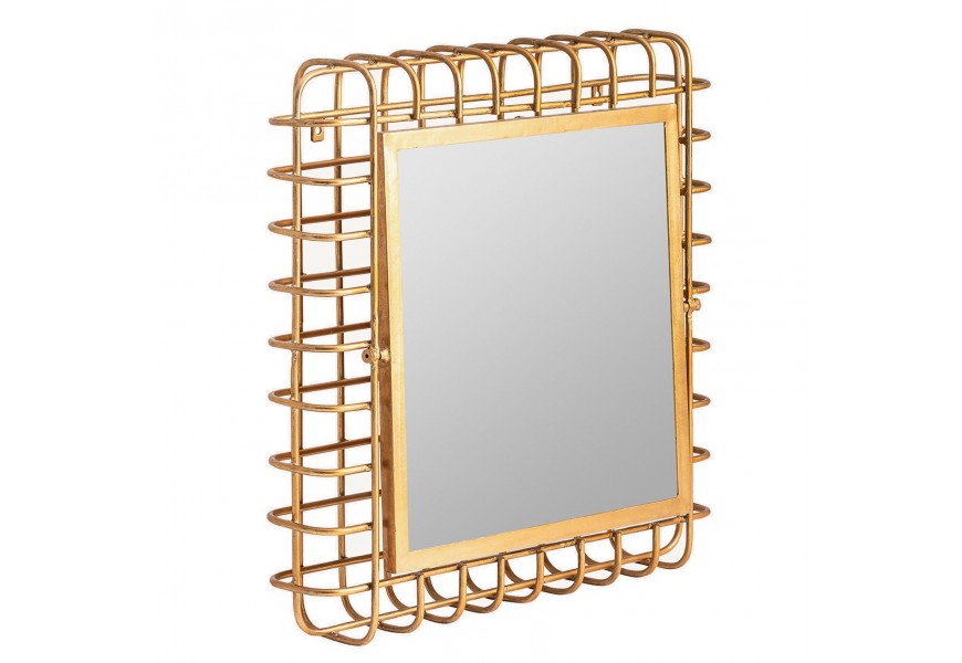 Luxusné štvorcové nástenné zrkadlo Philip v glamour štýle s kovovým rámom v zlatej farbe s drôtenou konštrukciou a vyklápacou zrkadlovou plochou