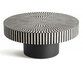 Luxusný art deco čierno biely okrúhly konferenčný stolík Caderina s ozdobnou intarziou s motívom lúčov 80 cm