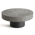 Luxusný okrúhly konferenčný stolík Caderina v art deco štýle s vrchnou  doskou s ozdobnou čierno bielou intarziou so vzorom slnečných lúčov z kostí  jednou hrubou čiernou nohou