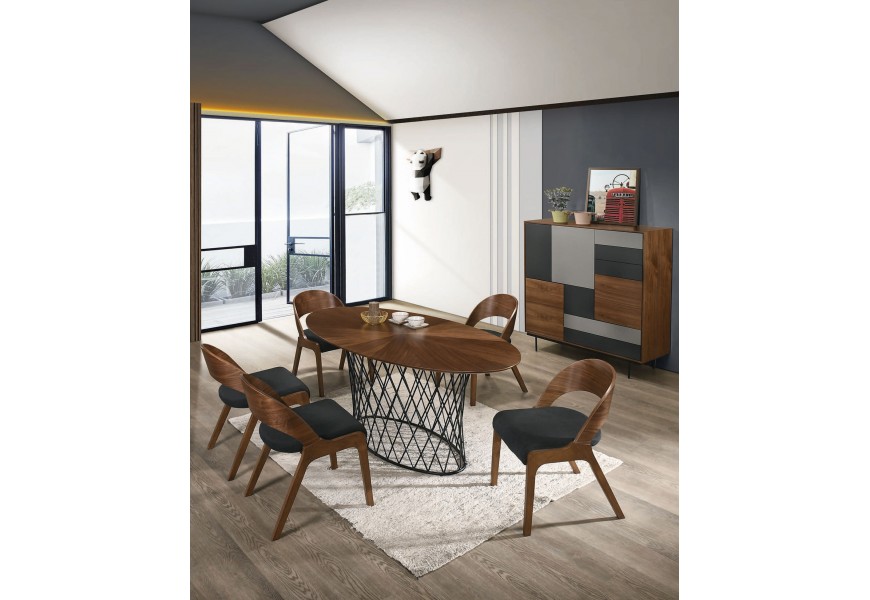 Masívna škandinávska jedálenská zostava Nordica Nogal z orechového dreva v tmavej hnedej farbe s čiernymi a sivými detailmi