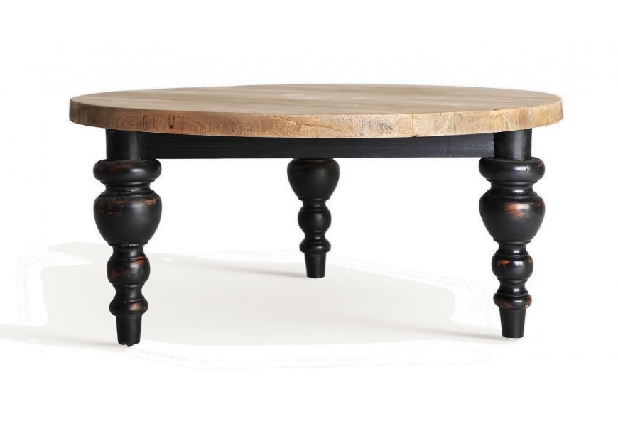 Luxusný čierny okrúhly konferenčný stolík Zena Noir s vrchnou doskou v prírodnej hnedej farbe brestového dreva na troch vyrezávaných nožičkách vo vidieckom štýle