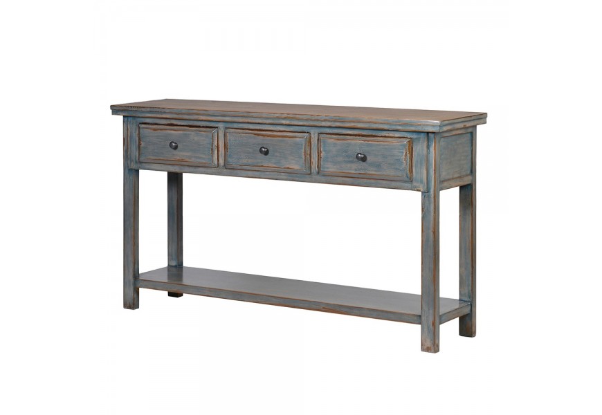 Jedinečná konzola Verda blue vo vintage štýle v modrom prevedení s dizajnovým povrchovým lakom a s tromi zásuvkami