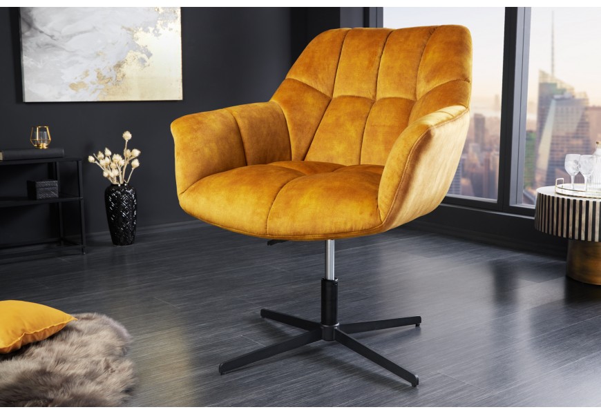 Dizajnová otočná stolička Mariposa s čalúnením v horčicovej farbe s výškovo nastaviteľnou nohou v čiernej farbe
