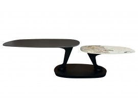 Dizajnový konferenčný stolík Delin s mramorovou doskou v čiernej farbe a dvomi otočnými dvoúrovňovými doskami 94-163 cm 