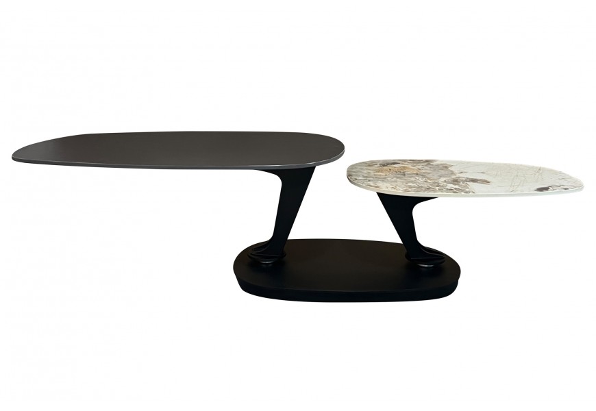 Dizajnový konferenčný stolík Delin s dvomi doskami s otočnými polohovateľnými nožičkami z kovu  s dvomi doskami z čierneho kameňa v mramorovom vzhľade