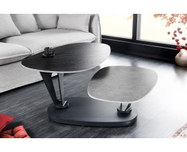 Dizajnový konferenčný stolík Delin s čiernou konštrukciou s čiernymi mramorovými doskami a s otočnými oblými polohovateľnými dvojúrovňovými otočnými doskami v čiernej farbe