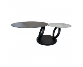 Dizajnový otočný konferenčný stolík Delin s okrúhlymi doskami z čierneho a sivého kameňa s okrúhlymi kovovými nožičkami v čiernej farbe