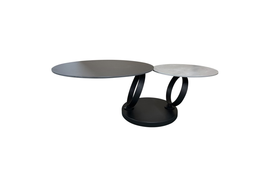 Dizajnový otočný konferenčný stolík Delin s okrúhlymi doskami z čierneho a sivého kameňa s okrúhlymi kovovými nožičkami v čiernej farbe