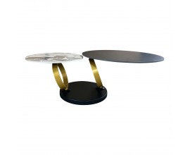 Art deco okrúhly otočný konferenčný stolík Delin s okrúhlymi doskami a okrúhlymi zlatými otočnými nožičkami 80-134 cm