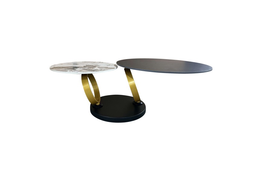 Dizajnový glamour otočný okrúhly konferenčný stolík Delin s okrúhlymi doskami v čiernej farbe a v mramorovom dizajne a okrúhlymi zlatými otočnými nožičkami