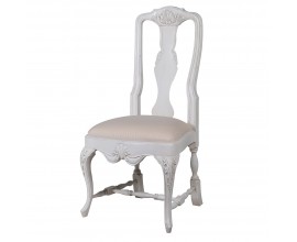 Dizajnová jedálenská stolička v provensalskom štýle s klasickým vyrezávaním v bielej farbe a s béžovým čalúnením z kolekcie Antic Blanc