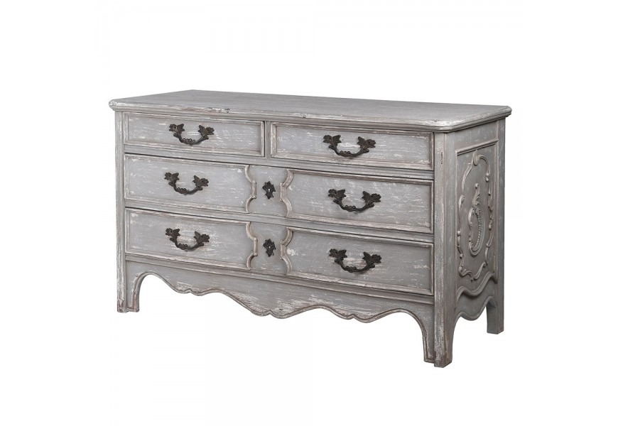 Luxusná sivá komoda Lilina s klasickým vyrezávaním s kovovými rúčkami s vintage nádychom