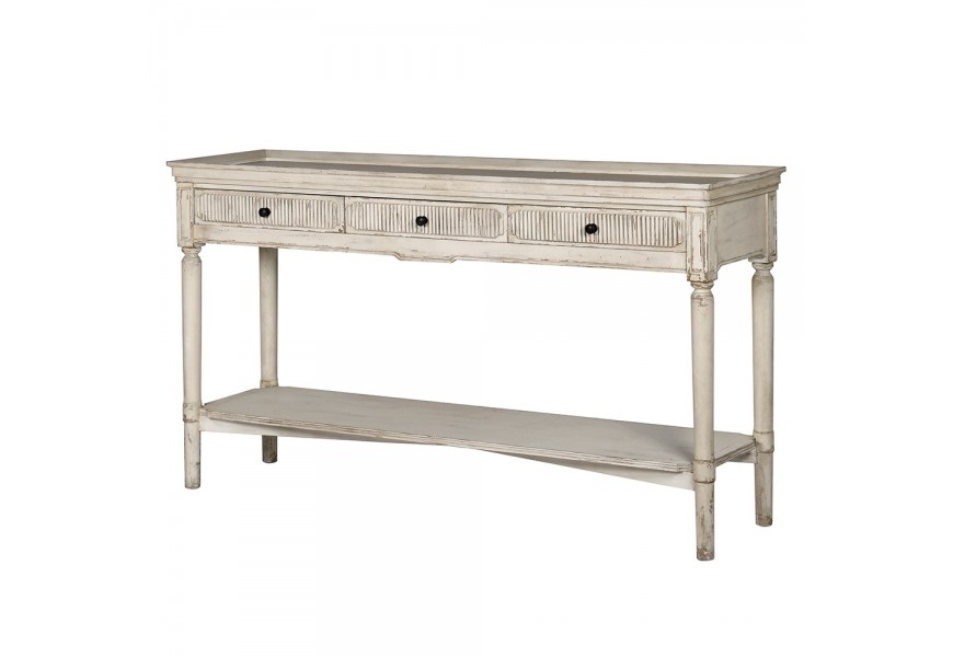 Príručný stolík z kolekcie Celene rode v provensalskom štýle vo farbe vintage béžovej s vyrezávavným zdobením