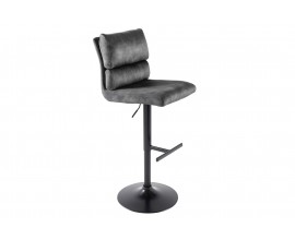 Dizajnová barová otočná stolička Zoe v industriálnom štýle so zamatovým poťahom v sivej farbe s výškovo nastaviteľnou funkciou a s kovovou nohou v čiernej farbe