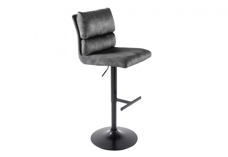 Dizajnová barová otočná stolička Zoe v industriálnom štýle so zamatovým poťahom v sivej farbe a s kovovou nohou v čiernej farbe