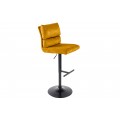 Industriálna barová otočná stolička Kelsy v horčicovej farbe so zamatovým poťahom a čiernou polohovateľnou nohou 100-121 cm