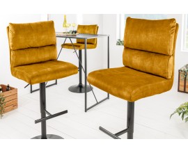 Dizajnová industriálna barová stolička Kelsy v horčicovej farbe so zamatovým poťahom a čiernou polohovateľnou nohou 100-121 cm