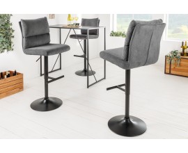 Dizajnová industriálna barová stolička Kelsy v tmavosivej farbe so zamatovým poťahom a čiernou polohovateľnou nohou 100-121 cm