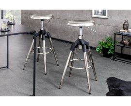 Dizajnová barová otočná okrúhla nastaviteľná lesklá stolička Zalias v striebornej farbe v glamour štýle 74-82 cm 