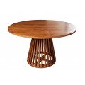 Dizajnový okrúhly masívny stôl Gire z akáciového dreva so zdobenou podstavnou nohou v tmavej hnedej farbe