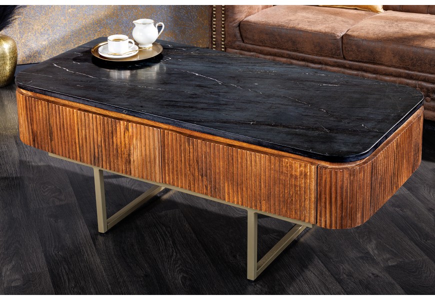 Dizajnový konferenčný stolík v art deco štýle z mangového dreva z kolekcie Gatsby s mramorovým dizajnom