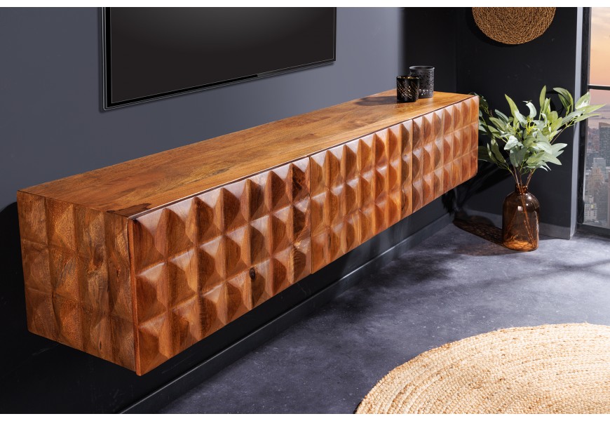 Dizajnový televízny stolík Vinan s tromi dvierkami s dreveným dizajnom z masívneho mangového dreva
