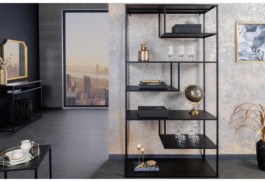 Dizajnový industriálny regál so šiestimi policami z kolekcie Industria Durante v čiernej farbe