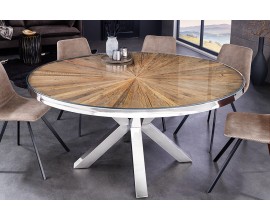 Luxusný industriálny okrúhly jedálenský stôl Barracuda z teakového hnedého dreva s chromovanými nožičkami 120 cm
