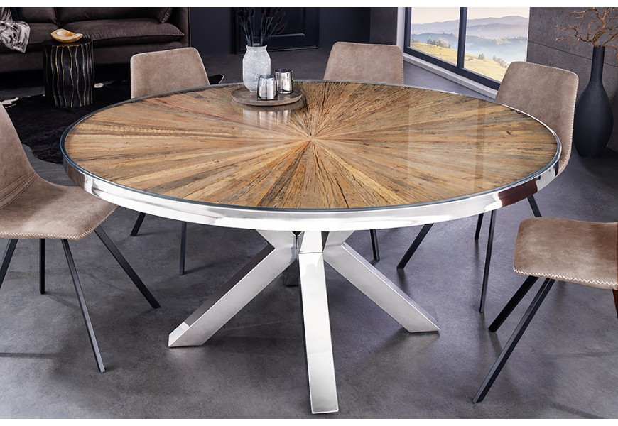 Luxusný chromový industriálny okrúhly jedálenský stôl Barracuda z teakového hnedého dreva s chromovanými nožičkami